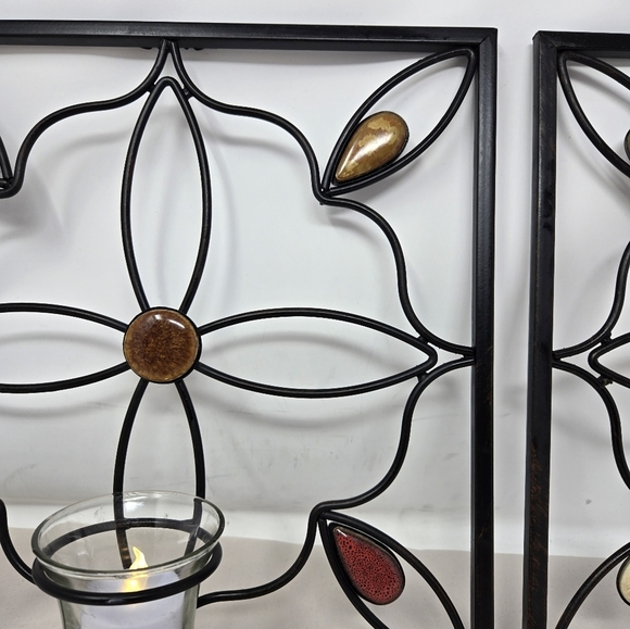 Elements Set Of 2 Wall Decor Candle Holders Black Metal Flower Design & Stones - Picture 6 of 14